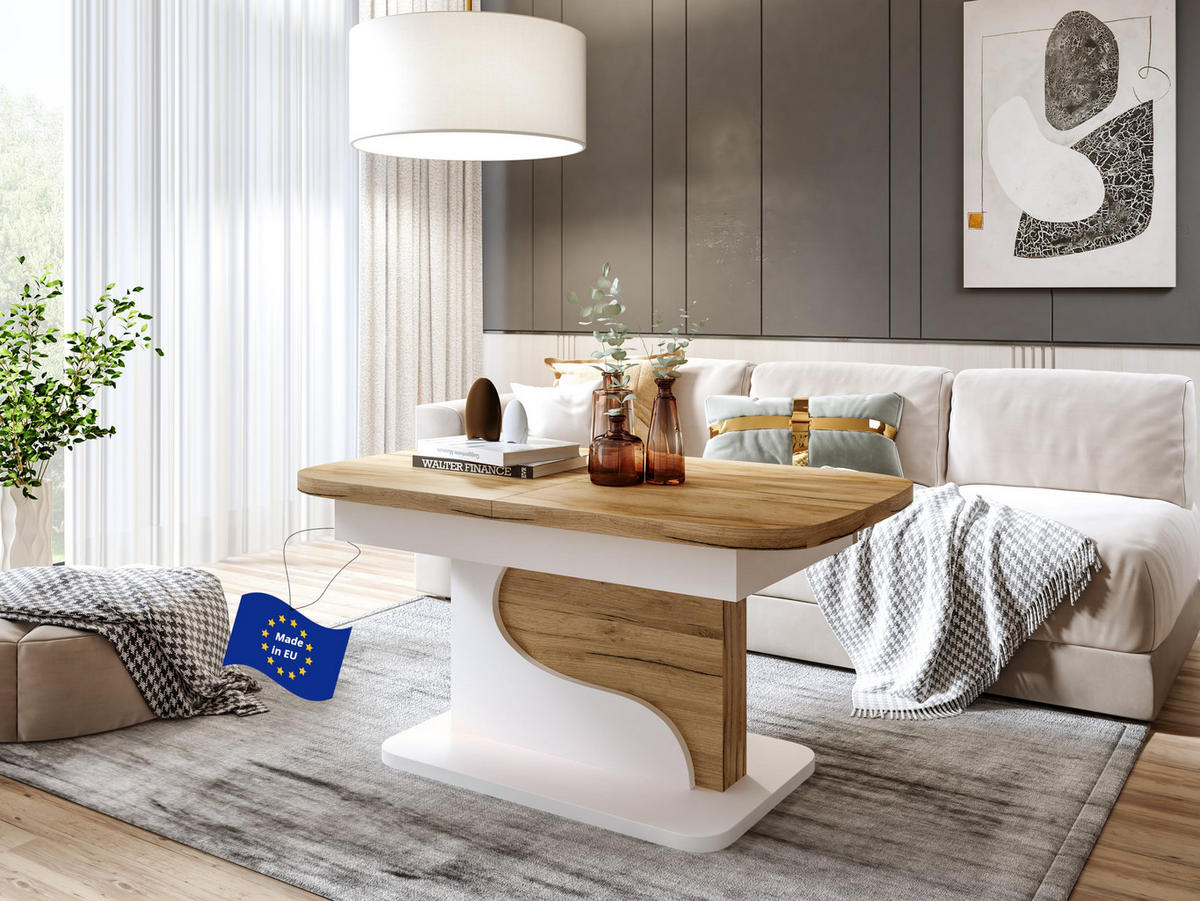 COUCHTISCH rechteckig Eiche Gold - Weiß matt ausziehbar höhenverstellbar - Eichefarben/Weiß, Holzwerkstoff (70/120/58cm) - designimpex