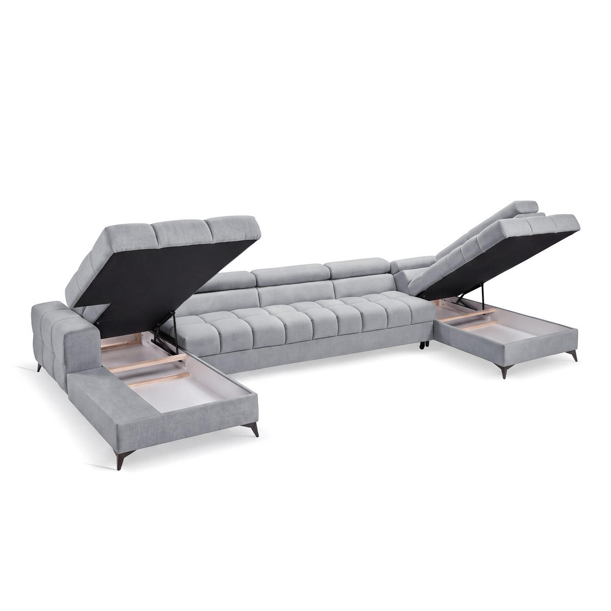 ECKSOFA PUDDING MAXI U Rechts mit Schlaffunktion 125x330 Velours Hellgrau - Hellgrau/Schwarz, Holz/Textil (421/203cm) - Muffo