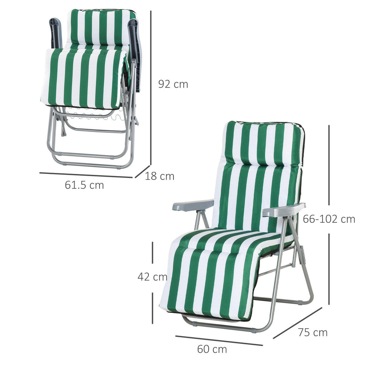 GARTENLIEGEN-SET 60/75/102 cm klappbar mit 5-fach verstellbarer Rückenlehne und Polsterung, Grün - Grün, Metall (75/102/60cm) - Redom