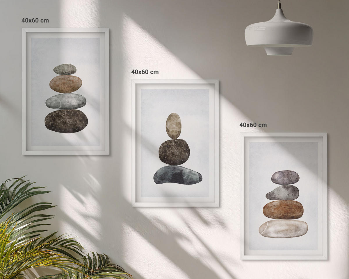 WANDBILDER 3er-Set - 40x60 cm Weißer Rahmen - Minimalistische Boho-Steine - Weiß, Kunststoff (40/60cm) - ArtPrintCave
