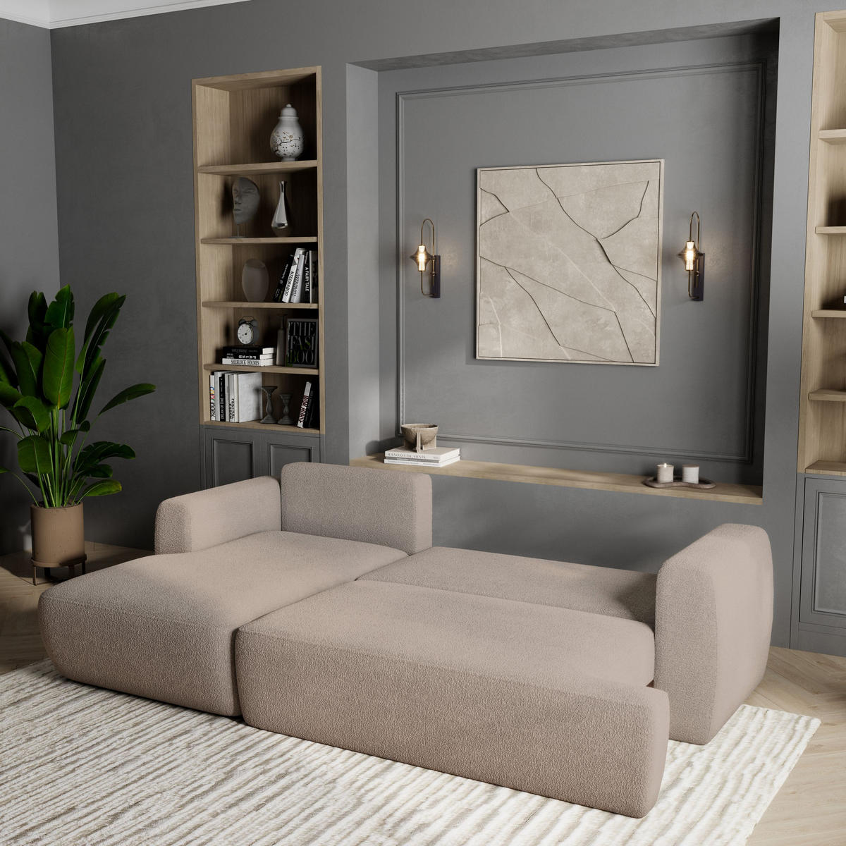 ECKSOFA SENTI N L-S Beige Boucle-Stoff mit Schlaffunktion - Beige, Holz (246/148cm) - MASSENO