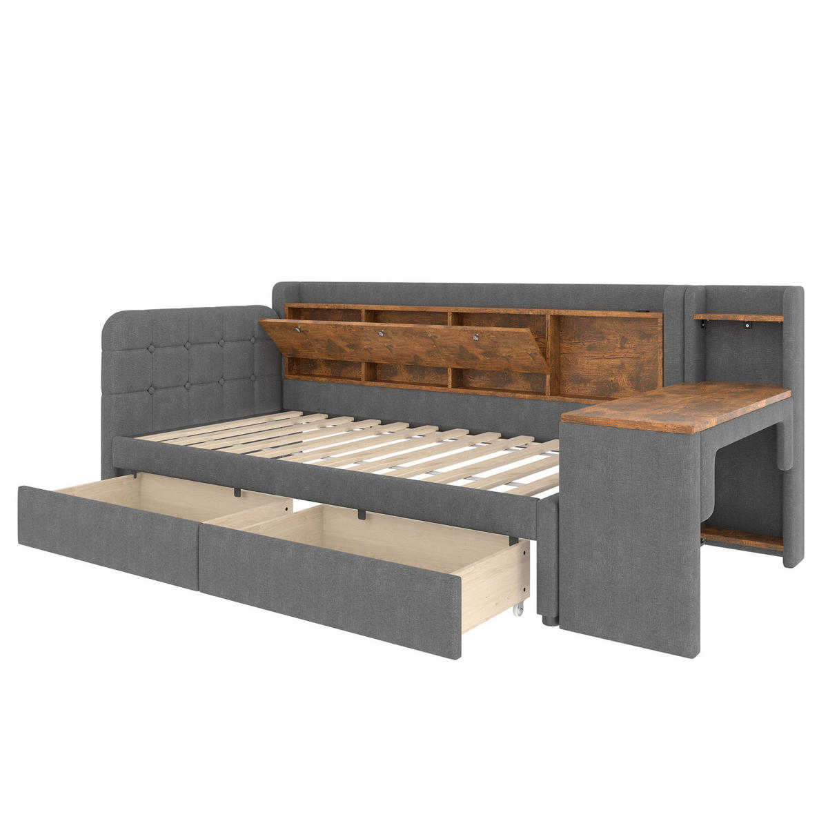 POLSTERBETT aus Leinen & MDF 90x200 cm in Grau mit Schreibtisch & 2 Schubladen - Grau, Textil (90/200cm) - Modfu