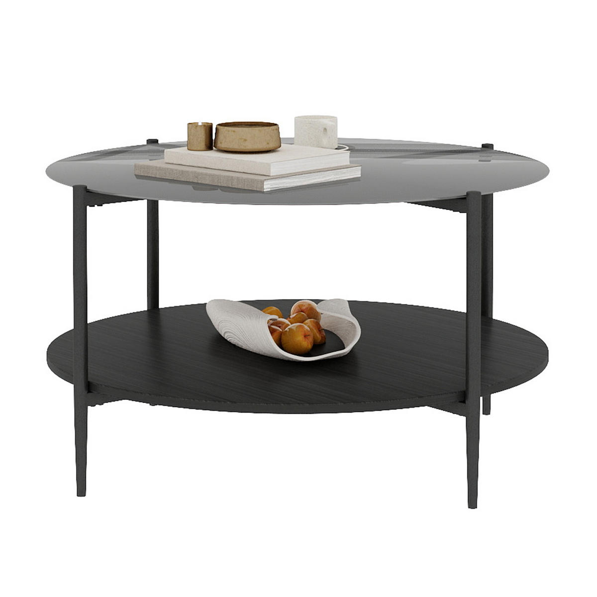 COUCHTISCH DE-37287 rund mit Glasplatte und zweistufigem Design Schwarz - Schwarz, Metall (82/82/45cm) - ComfortXL