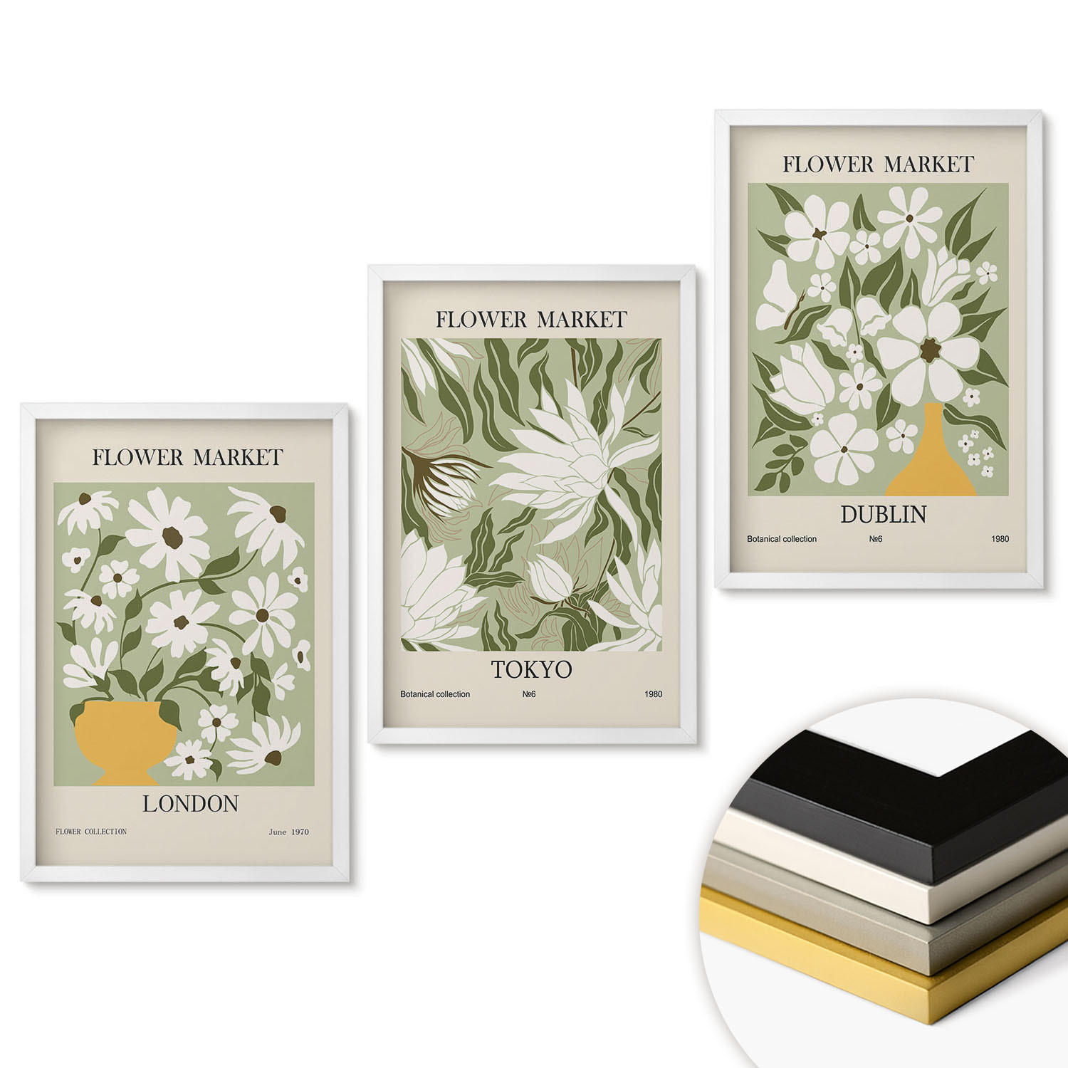 WANDBILDER 3er-Set - 40x60 cm Weißer Rahmen - Blumenmuster London Tokio Dublin - Weiß, Kunststoff (40/60cm) - ArtPrintCave