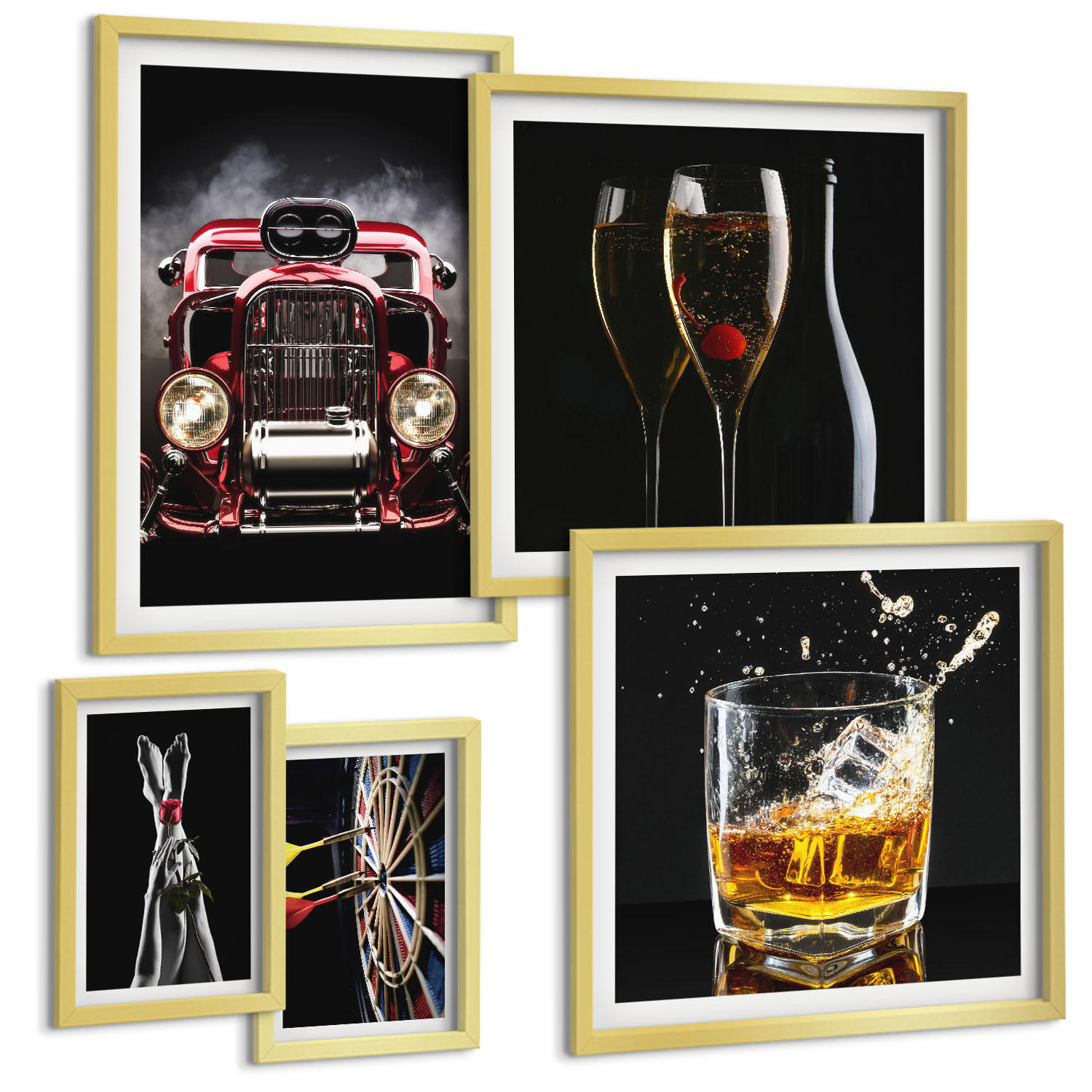 BILDER SET 5er Set - 50x50 cm & 20x30 cm & 40x60 cm Goldrahmen - Frauenbeine Rosenwagen Wein - Goldfarben, Kunststoff (40/60cm) - TULUP