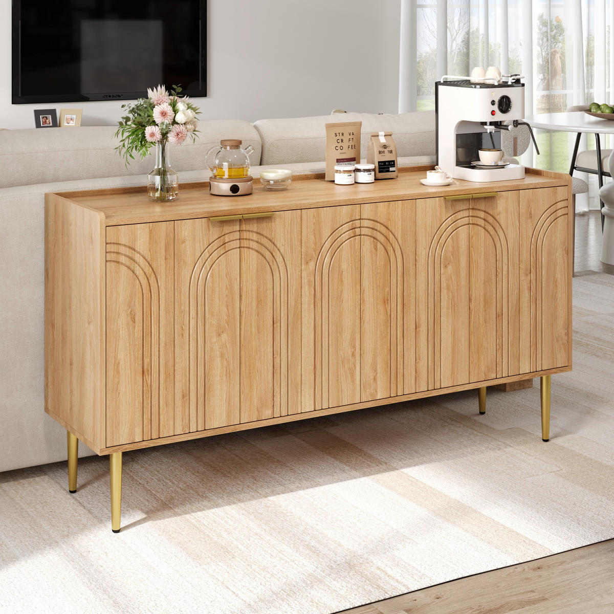 SIDEBOARD 140x75x38 cm, 4 Türen, Goldfüße, Naturfarben - Kastanienfarben, Holz (140/75/38cm)