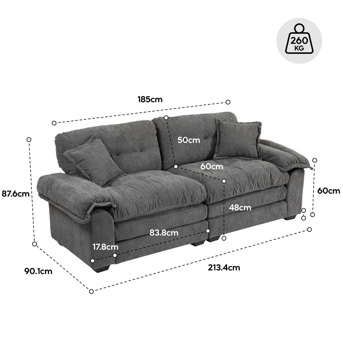 SOFA 2-Sitzer tiefer Sitz 214 x 89 x 93 cm Chenille Schwarz - Schwarz, Kunststoff (214/93/89cm) - Meubliv
