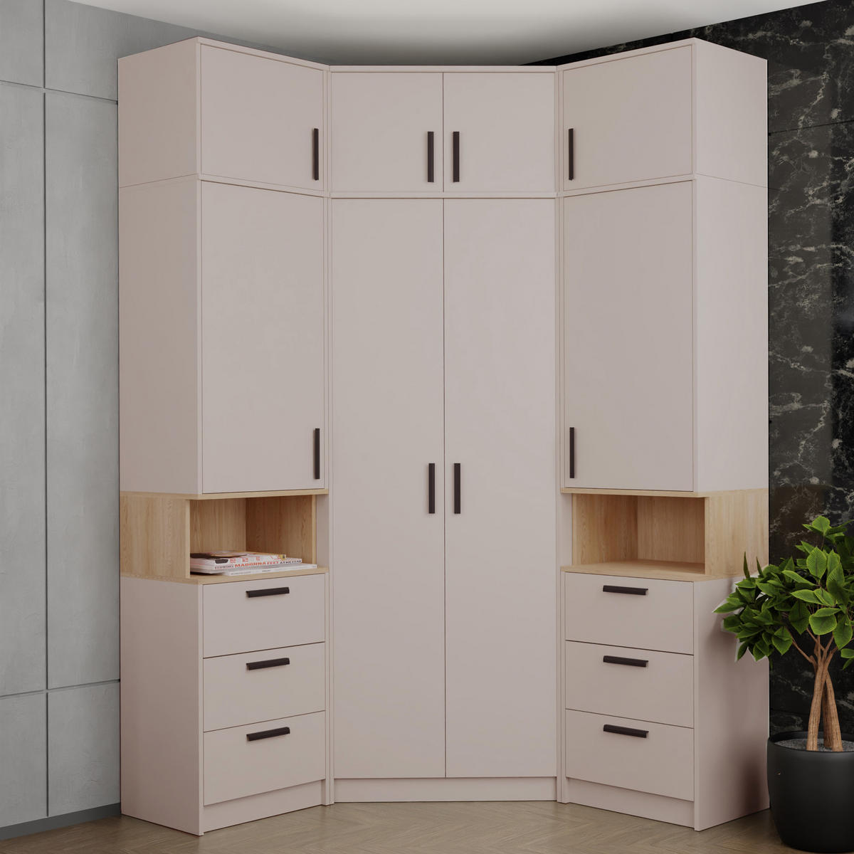 ECKKLEIDERSCHRANK GRANT SET 14/C GRAUBEIGE CASHMERE 143/235/143 - Kaschmir/Schwarz, Holzwerkstoff (143/235/143cm) - Marmex Möbel