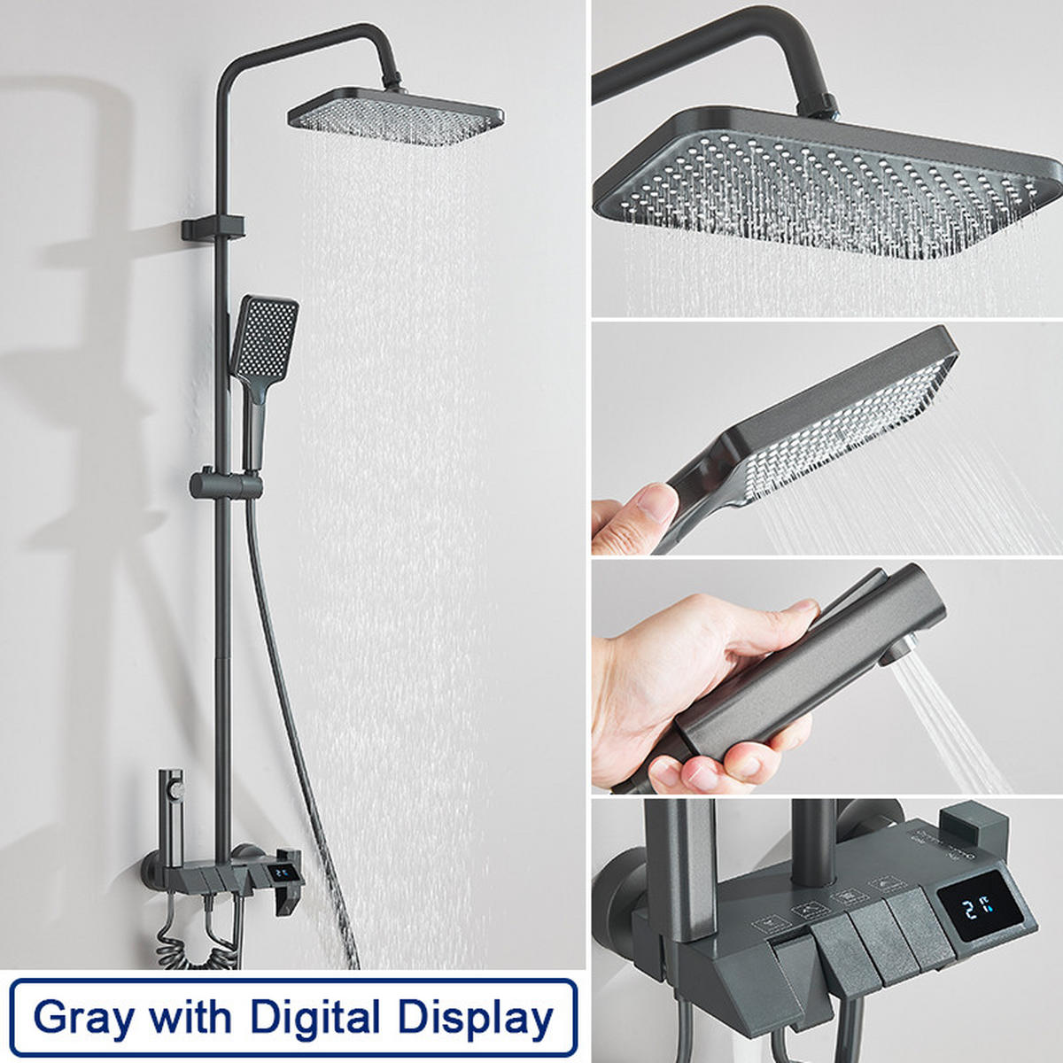 THERMOSTATISCHES Duschsystem 3 Funktionen mit Digitalanzeige Grau – Regendusche, Handbrause & Bidet, Piano-Tasten Bedienung, Badezimmer Armatur - Grau, Metall (18.5/120/27.5cm) - Kaket