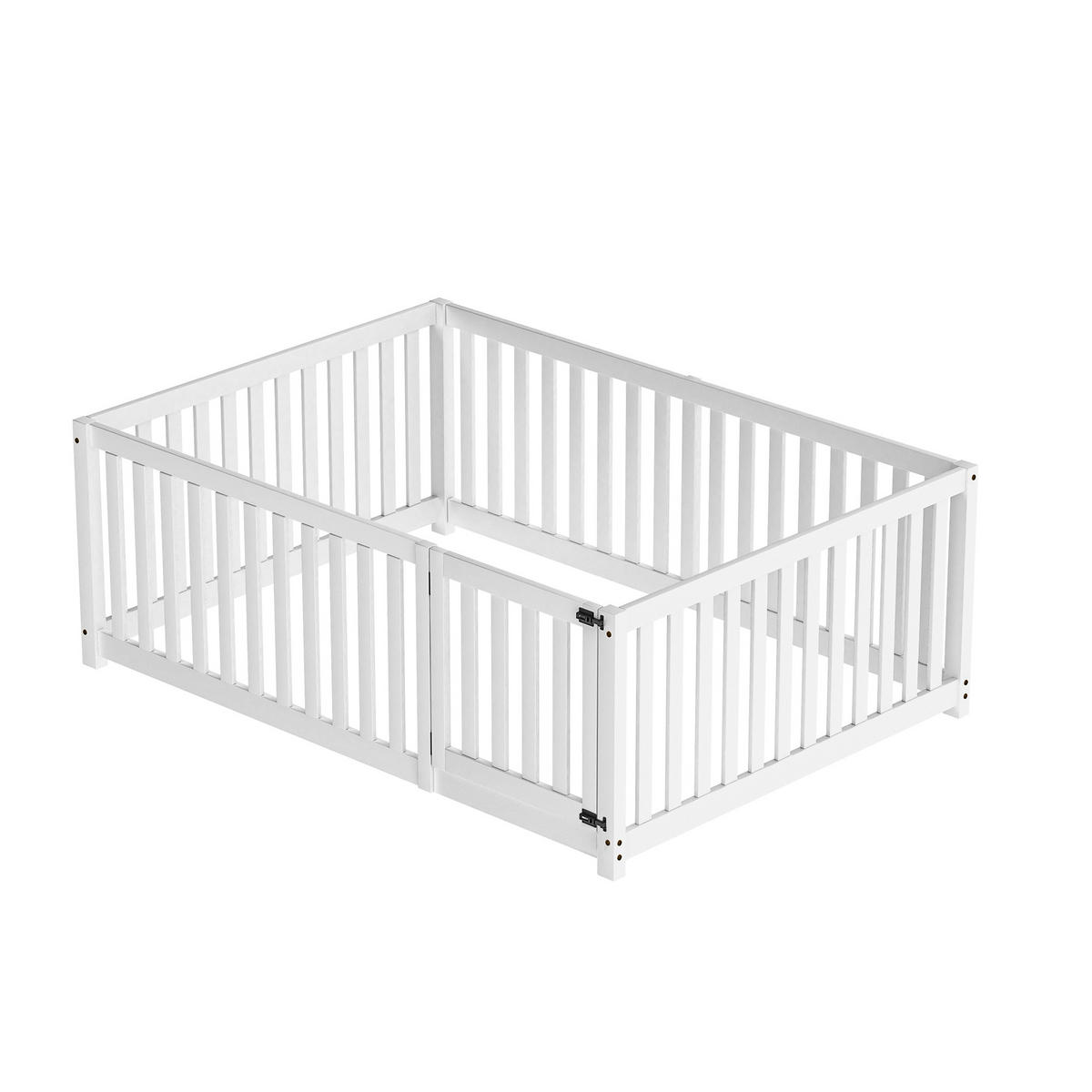 BODENBETT 140/200 cm Weiß mit Zaun und Tür aus Kiefernholz - Weiß, Holz (140/200cm) - OKWISH