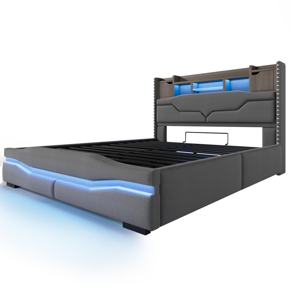 POLSTERBETT 160/200 cm aus Leinen mit LED-Beleuchtung, Grau - Grau, Textil (160/200cm) - OKMYHOME