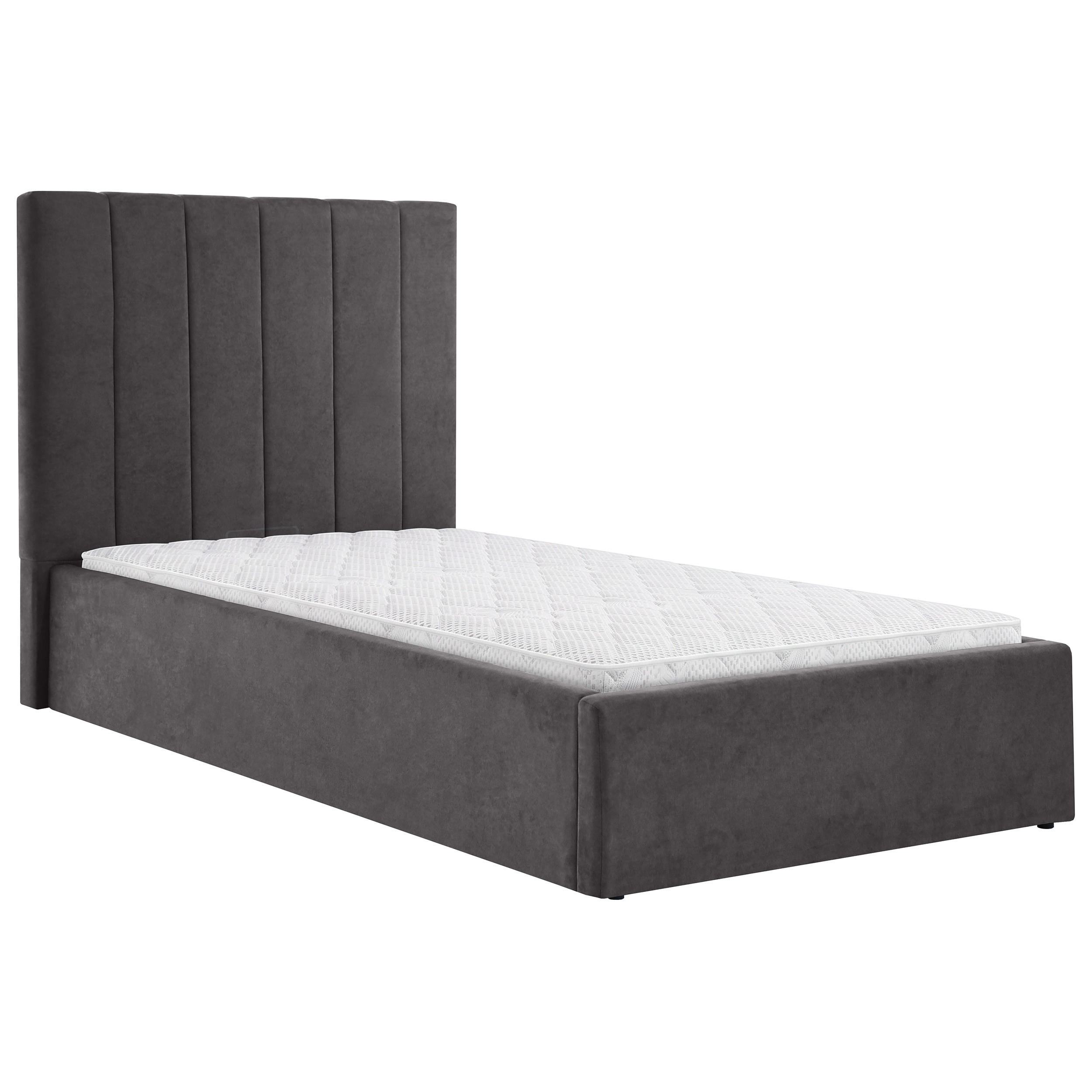 Beautysofa ČALOUNĚNÁ POSTEL Melvio, jednolůžko 90 × 200 cm s úložným prostorem a pěnovou matrací 10 cm, tmavě šedá