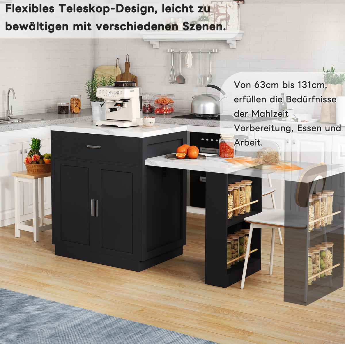 KÜCHENINSEL 211/89,5/55 cm Schwarz aus MDF mit ausziehbarem Esstisch - Schwarz, Holzwerkstoff (55/89.5/211cm) - OKMYHOME