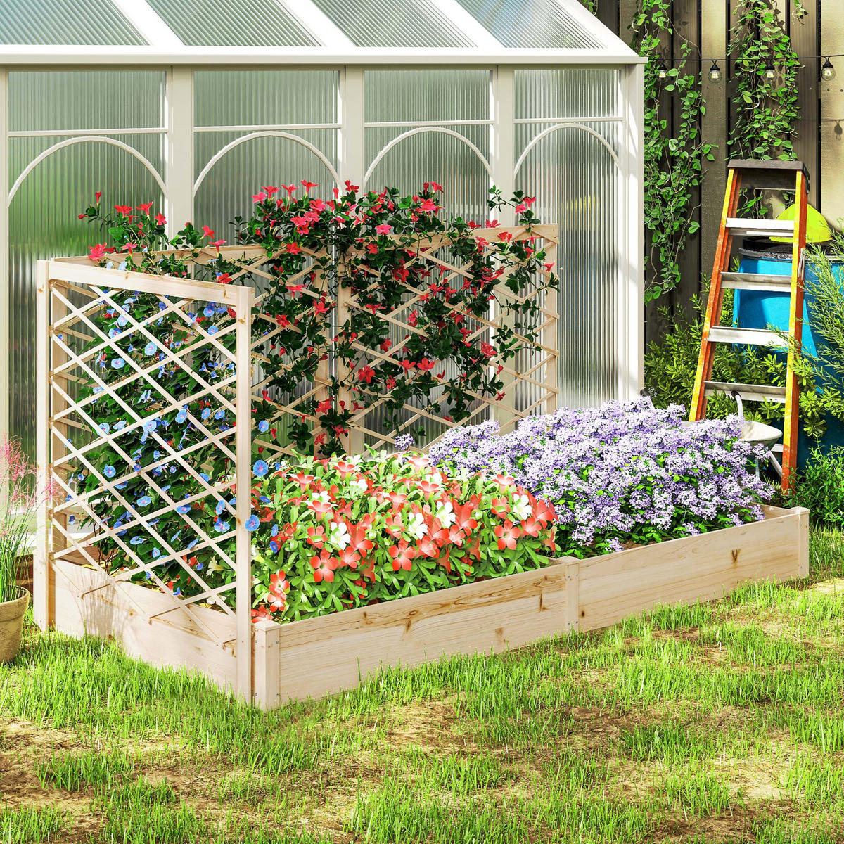 HOCHBEET DE-12205 mit 3 Rankgittern modular 222/114/109 cm Natur - Naturfarben, Holz (222/109/114cm) - ComfortXL