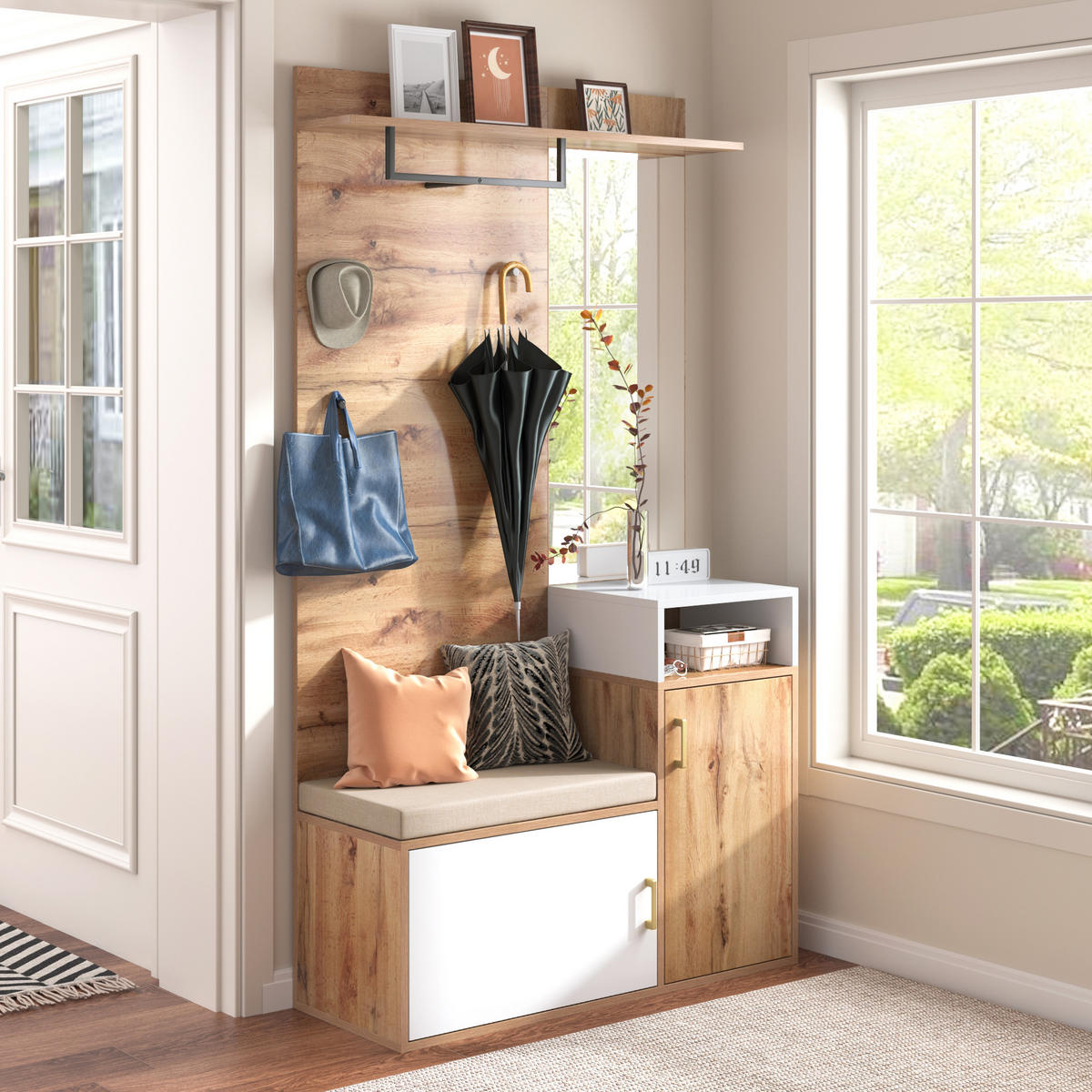 SCHUHSCHRANK aus MDF & Spanplatte 105x40x190,5cm in Weiß & Holz mit Spiegel - Weiß, Holzwerkstoff (105/190.5/40cm) - Modfu