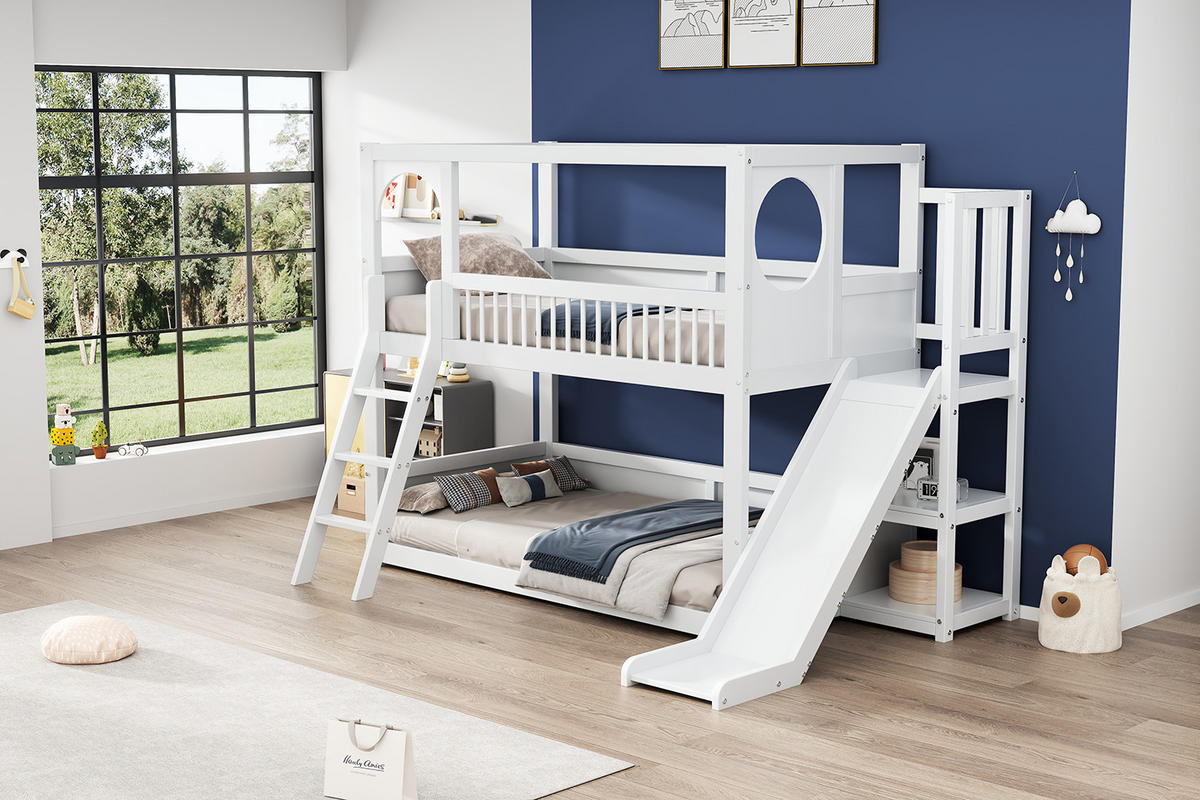 ETAGENBETT 90x200 Kinderbett Rutsche Regale Weiß - Weiß, Holzwerkstoff - FLIEKS