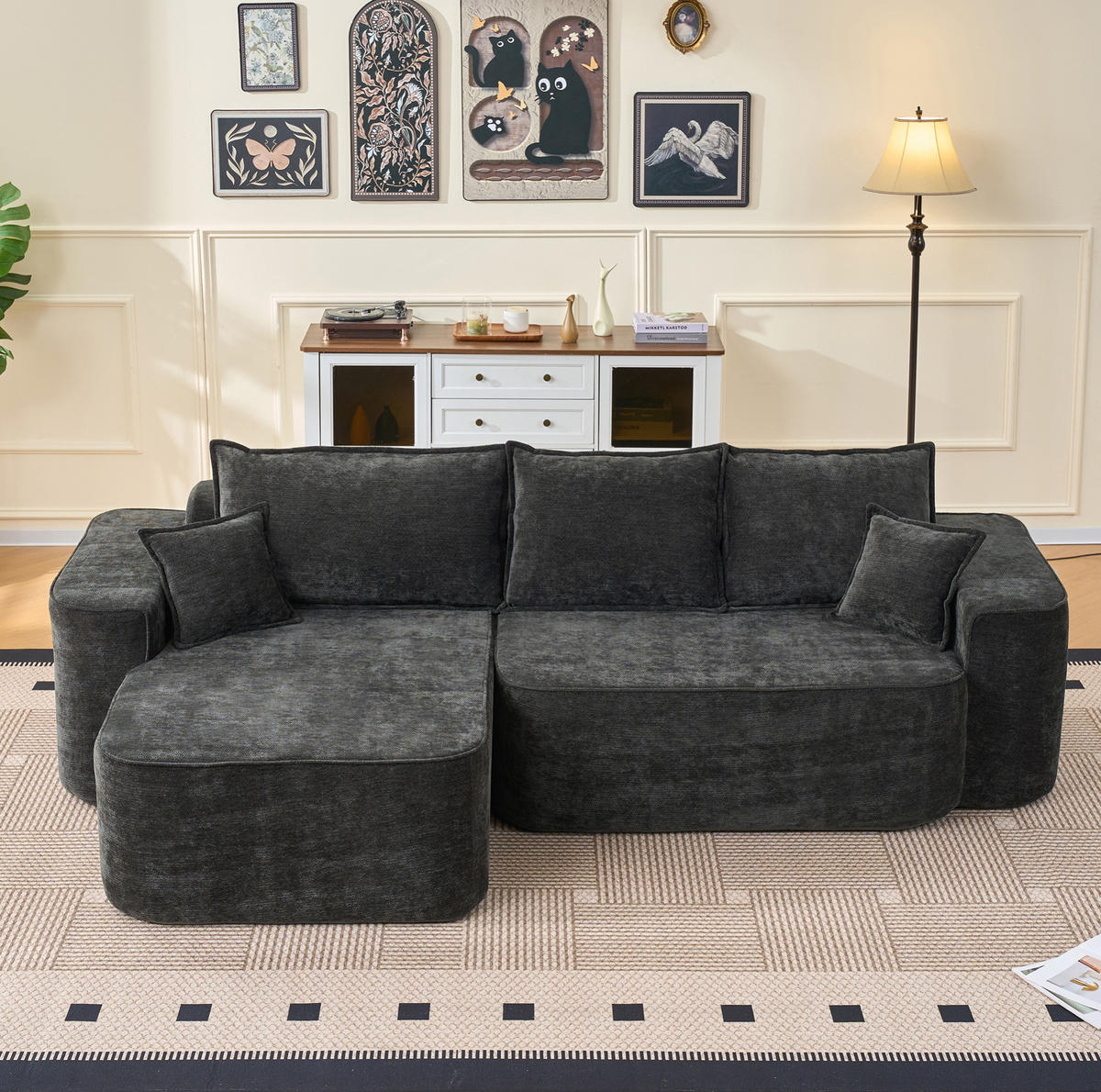 ECKSOFA 262/144/65 cm schwarz aus Chenille mit Chaiselongue und modularem Design - Schwarz, Textil (144/262cm) - OKWISH