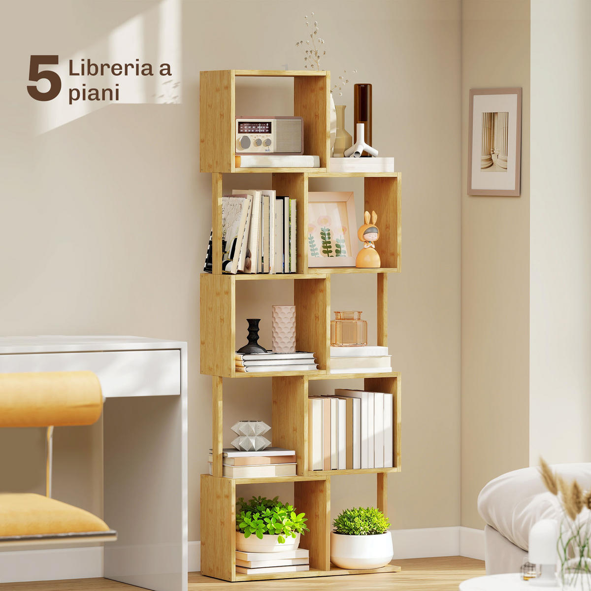 BÜCHERREGAL,ASYMMETRISCH 5-stöckig Bambus 62,5x23x165cm,naturholzfarbe - Beige, Metall (62.5/165/23cm) - Vallsero