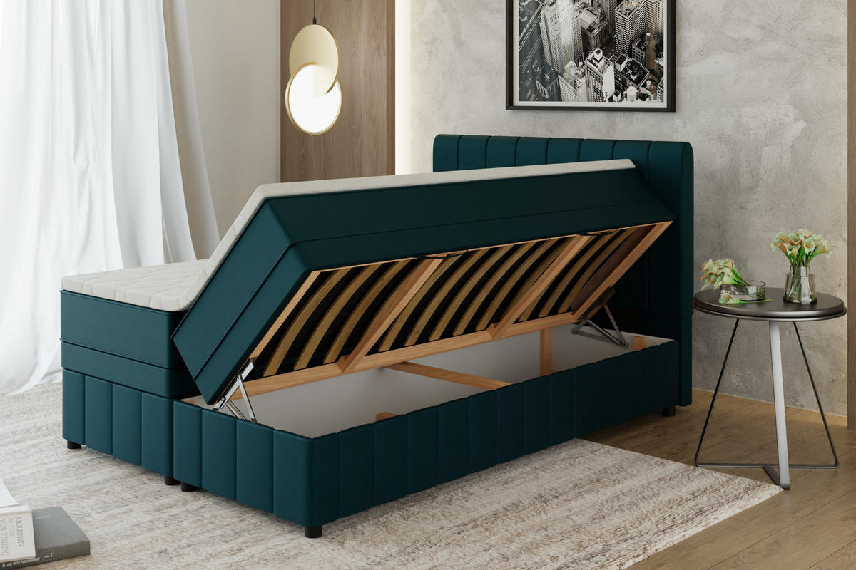 BOXBETT AVALON 140 x 200 cm mit Bettkasten und Topper - Türkis - Türkis, Holz - Panda Möbel