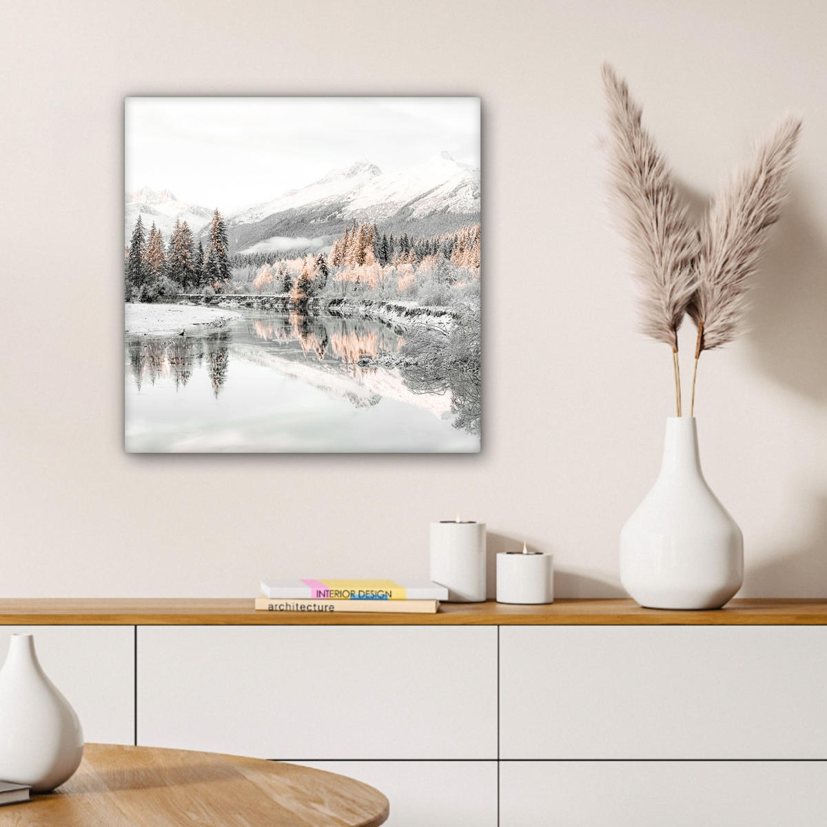 LEINWANDBILD Natur - Winter - Bäume - Berge - Schnee Wandbild Wohnzimmer 50x50 cm - Weiß Hochglanz, Textil (50/50cm) - MuchoWow