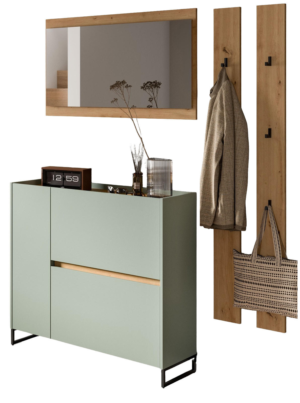 GARDEROBEN-SET Salbei und Artisan Eiche, Garderobe 172 x 197 cm, Soft-Close - Salbeigrün/Schwarz, Holzwerkstoff/Metall (172/197/32cm) - Inn.Furn
