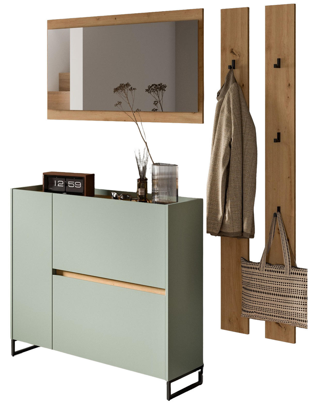 GARDEROBEN-SET Salbei und Artisan Eiche, Garderobe 172 x 197 cm, Soft-Close - Salbeigrün/Schwarz, Holzwerkstoff/Metall (172/197/32cm) - Inn.Furn