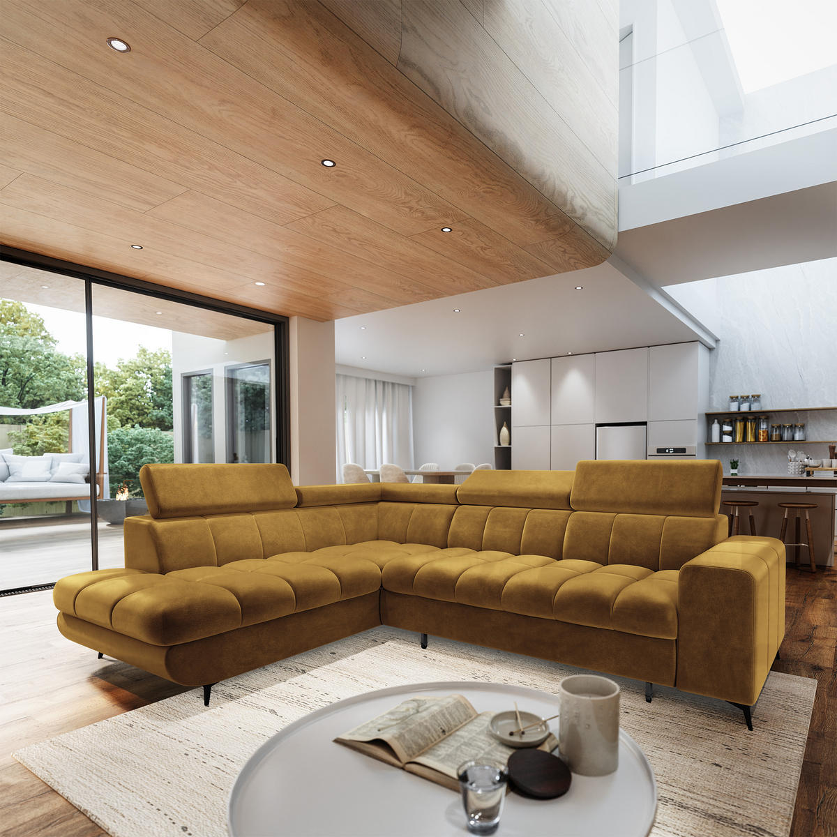 ECKSOFA MORIVA L-S Gelb Velours-Stoff mit Schlaffunktion - Gelb, Holz (253/190cm) - MASSENO