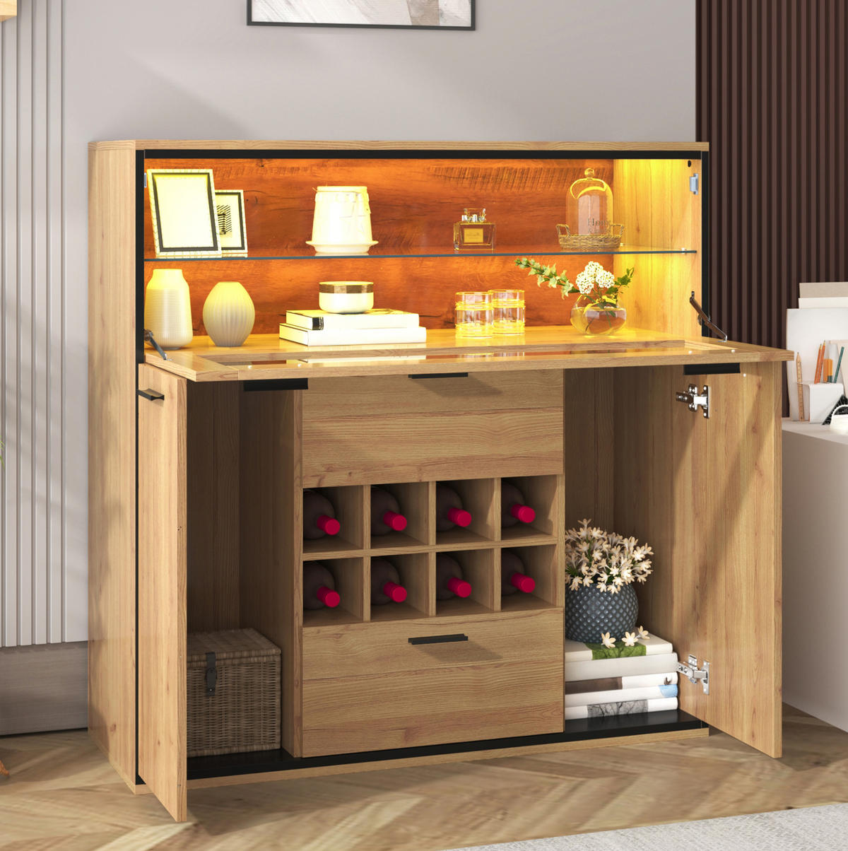 SIDEBOARD 38/110/111 cm mit Weinregal, Glastrennwand und LED-Beleuchtung, Natur/Schwarz - Naturfarben, Holzwerkstoff (110/111/38cm) - Redom