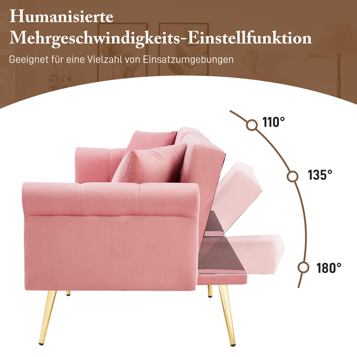 SCHLAFSOFA 2-Sitzer Samt mit 3-fach verstellbarer Doppel-Rückenlehne Rosa 173/75/70 cm - Rosa, Textil (70/173/75cm) - Redom