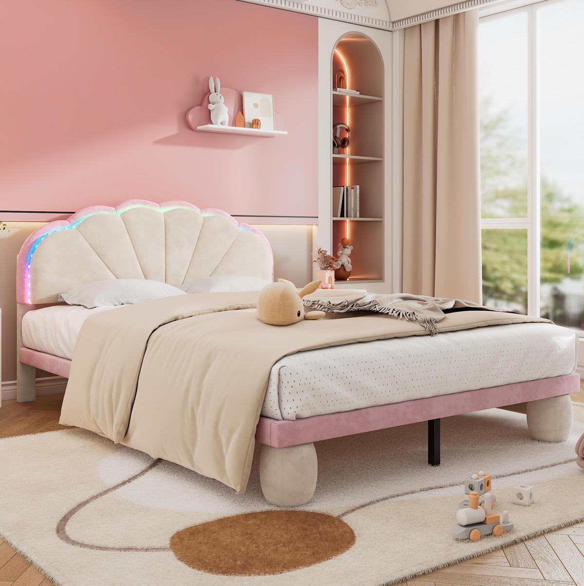 SAMT-POLSTERBETT 140/200 cm mit LED-Beleuchtung und gepolstertem Kopfteil - Beige, Textil (140/200cm) - BEAOK