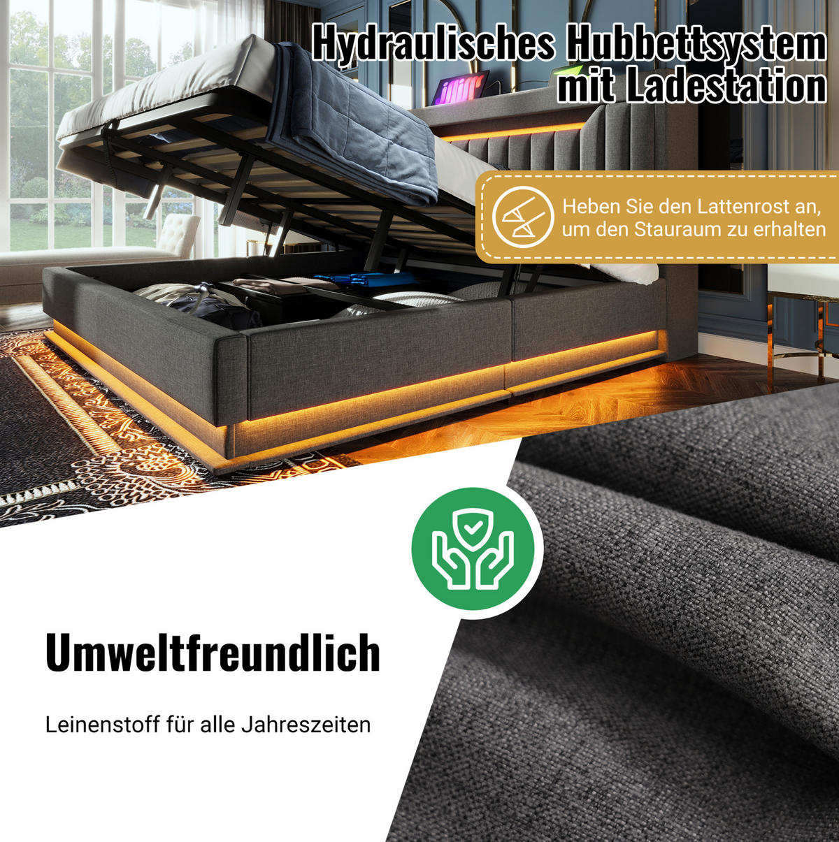 POLSTERBETT 90/200 cm Grau aus Leinen mit LED und Stauraum - Grau, Textil (90/200cm) - OKMYHOME