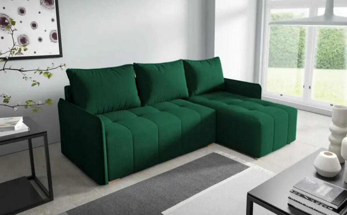 ECKSOFA GREND, L-Form mit Schlaffunktion und Bettkasten, Grün, rechts, Veloursstoff - Grün, Textil (210/140cm) - Sepro Meble
