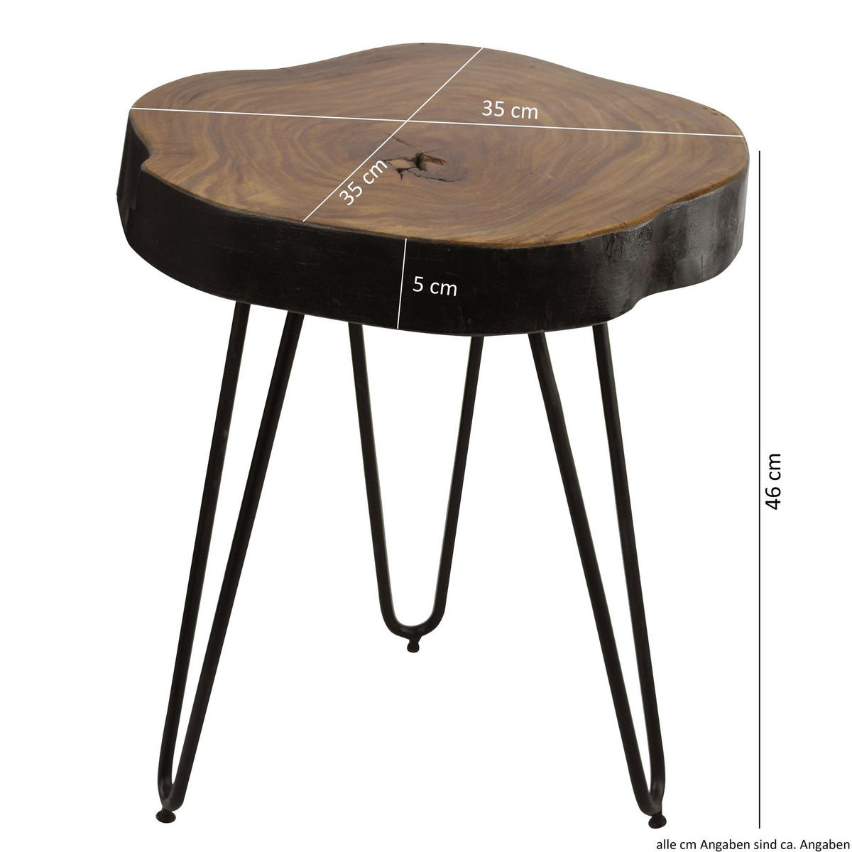 BEISTELLTISCH Massivholz Metallbeine Baumstammoptik BALU, Braun 35x35x45 cm - Schwarz/Braun, Holz/Metall (35/35/45cm) - KADIMA DESIGN