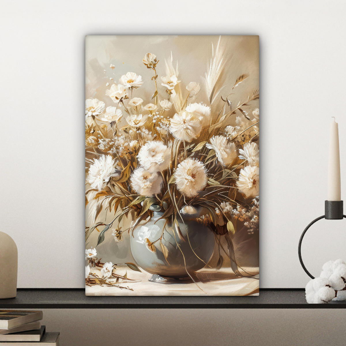 LEINWANDBILD Blumen - Vase - Stilleben - Beige 20x30 cm - Creme, Textil (20/30cm) - MuchoWow