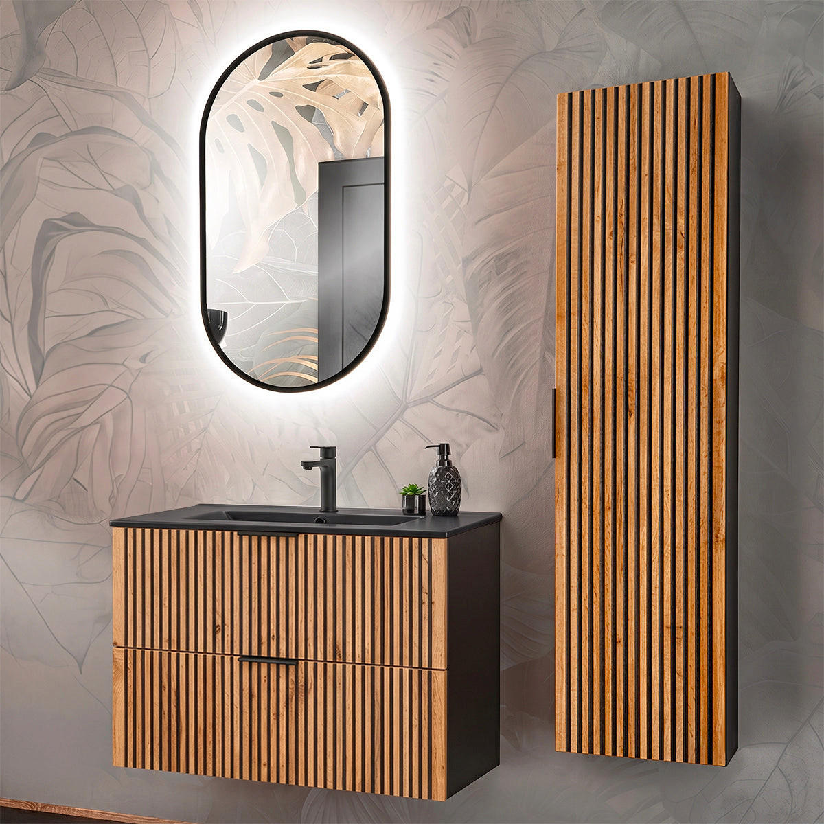 BADMÖBEL 80.4cm Gaia 2er-Set Holz in Eichenoptik und Schwarz - Schwarz, Holzwerkstoff (80.4/57/46cm) - Petits-meubles
