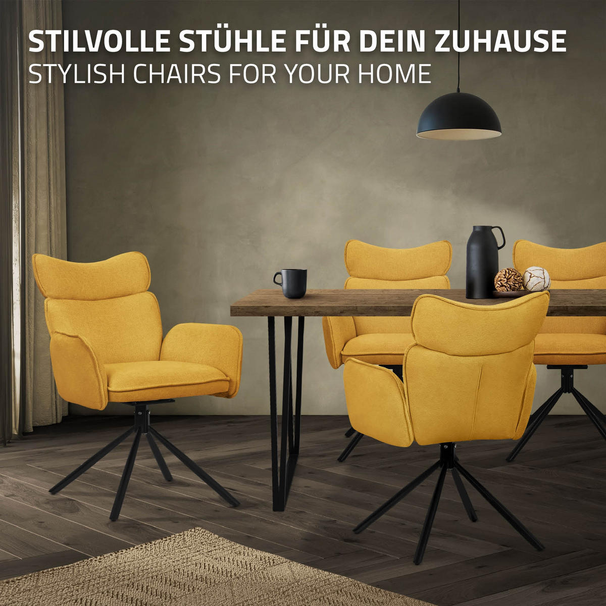 JÍDELNÍ ŽIDLE, sada 6 ks, otočné, hořčičná, s látkovým potahem - černá/žlutá, kov/textil (63/89/68cm) - ML-DESIGN