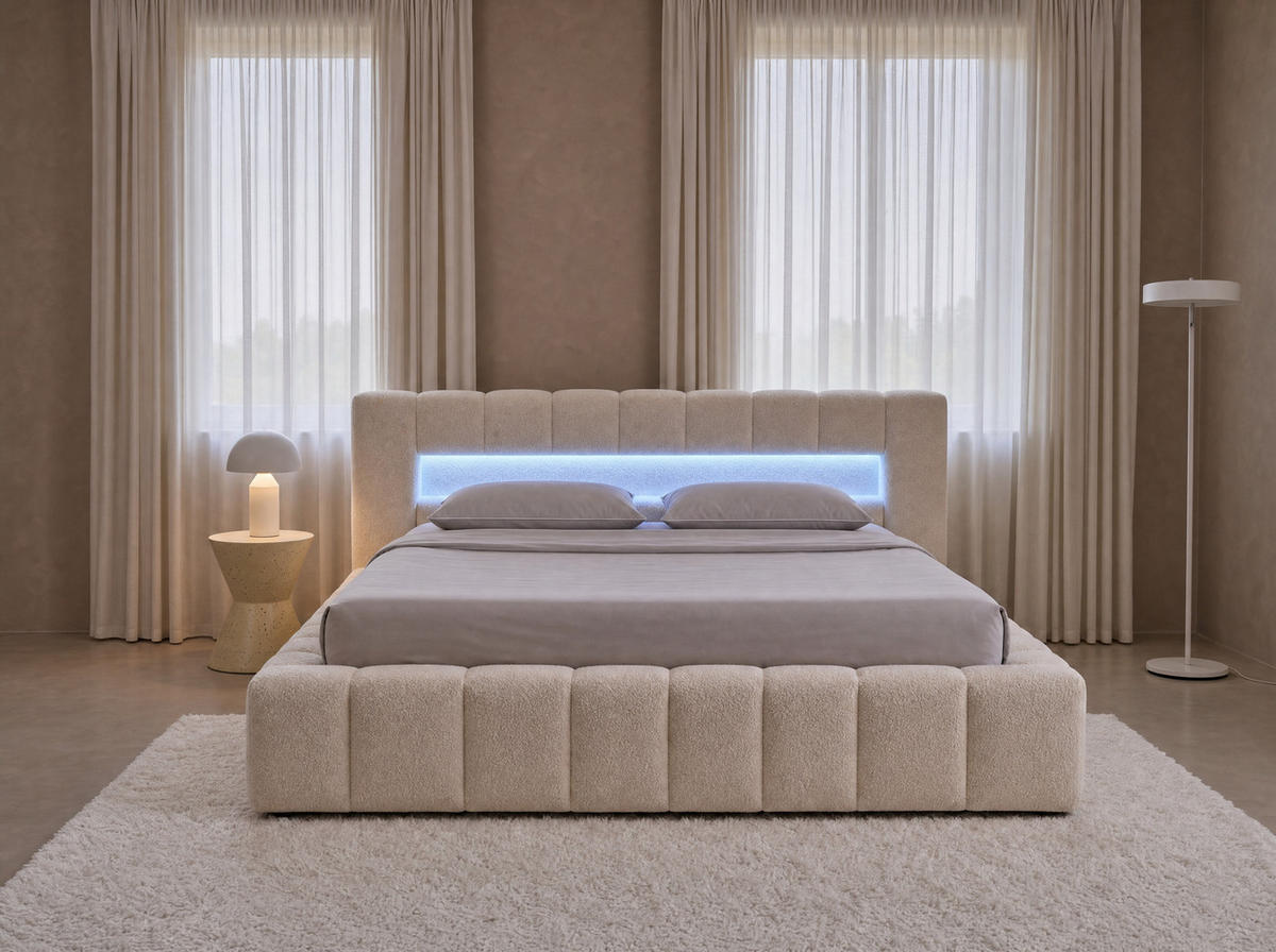POLSTERBETT Mira-Lights Hellbeige 180/200 cm mit Bettkasten, Matratzen - Beige, Textil/Metall (180/200cm) - wonello