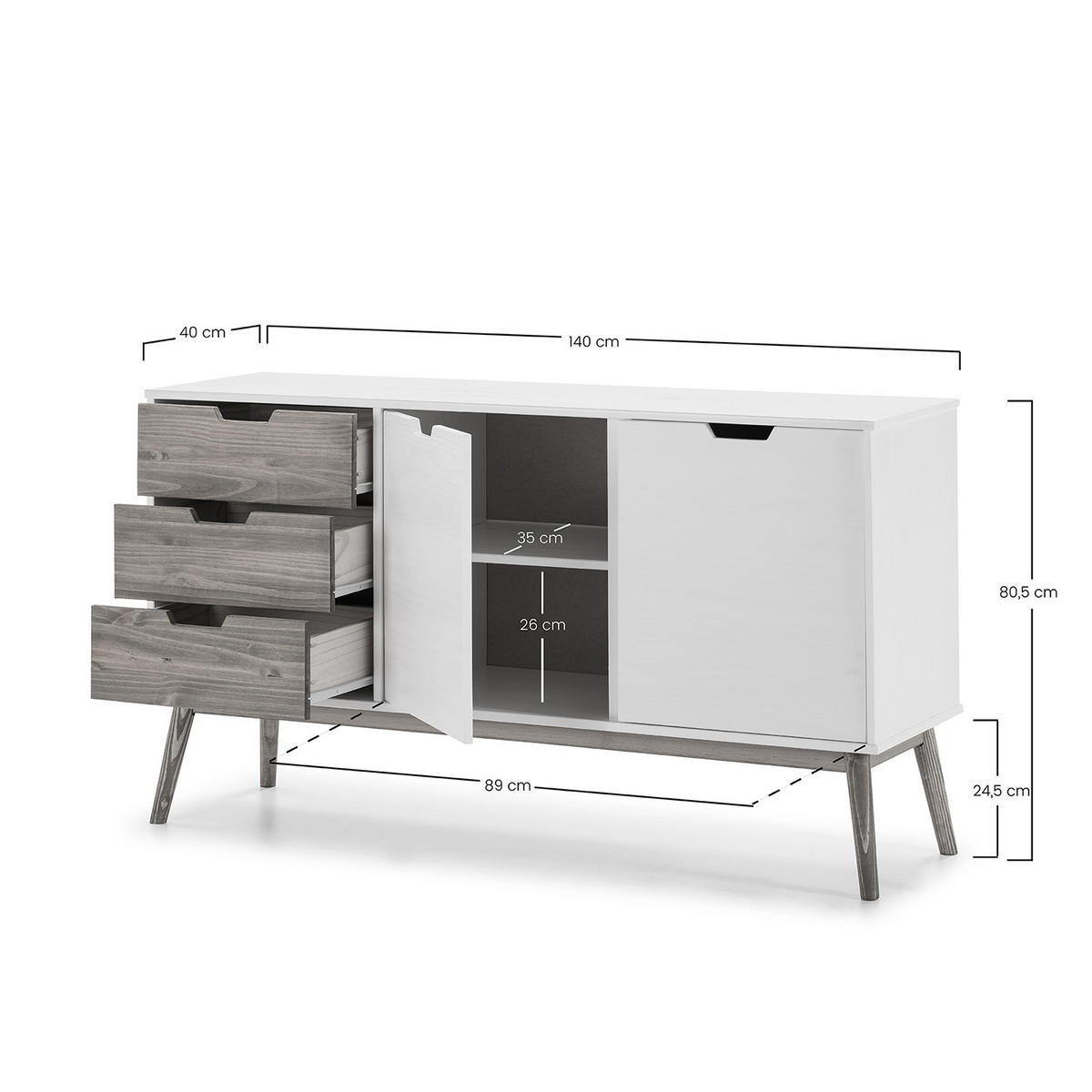 SIDEBOARD Java 3 Schubladen Grau - Anthrazit, Holz (140/80/40cm)