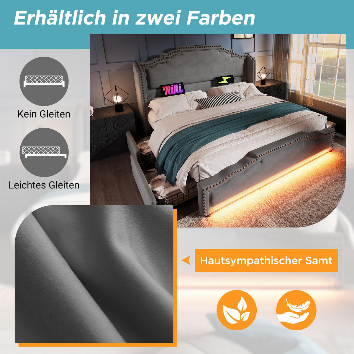 POLSTERBETT 160/200 cm mit Matratze, 4 Schubladen, LED, USB-C und Lattenrost, Samt, Grau - Grau, Textil (160/200cm) - Redom