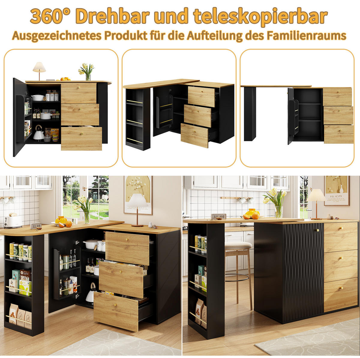 BARTISCH aus MDF, 360° dreh- & ausziehbar mit Stauraum, 138-204/39/104 cm, Schwarz - Schwarz, Holzwerkstoff (39/104/138cm) - Redom