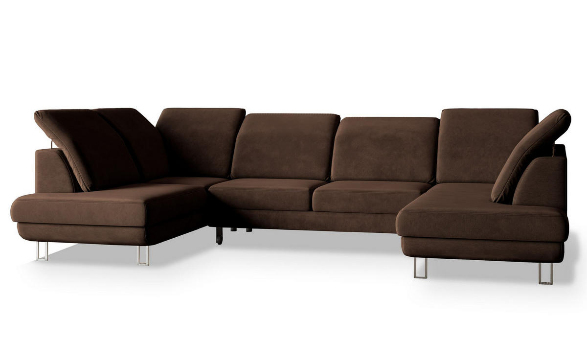 WOHNLANDSCHAFT TERAMO Braun Velours-Stoff mit Schlaffunktion - Braun, Holz (316/88/193cm) - MASSENO