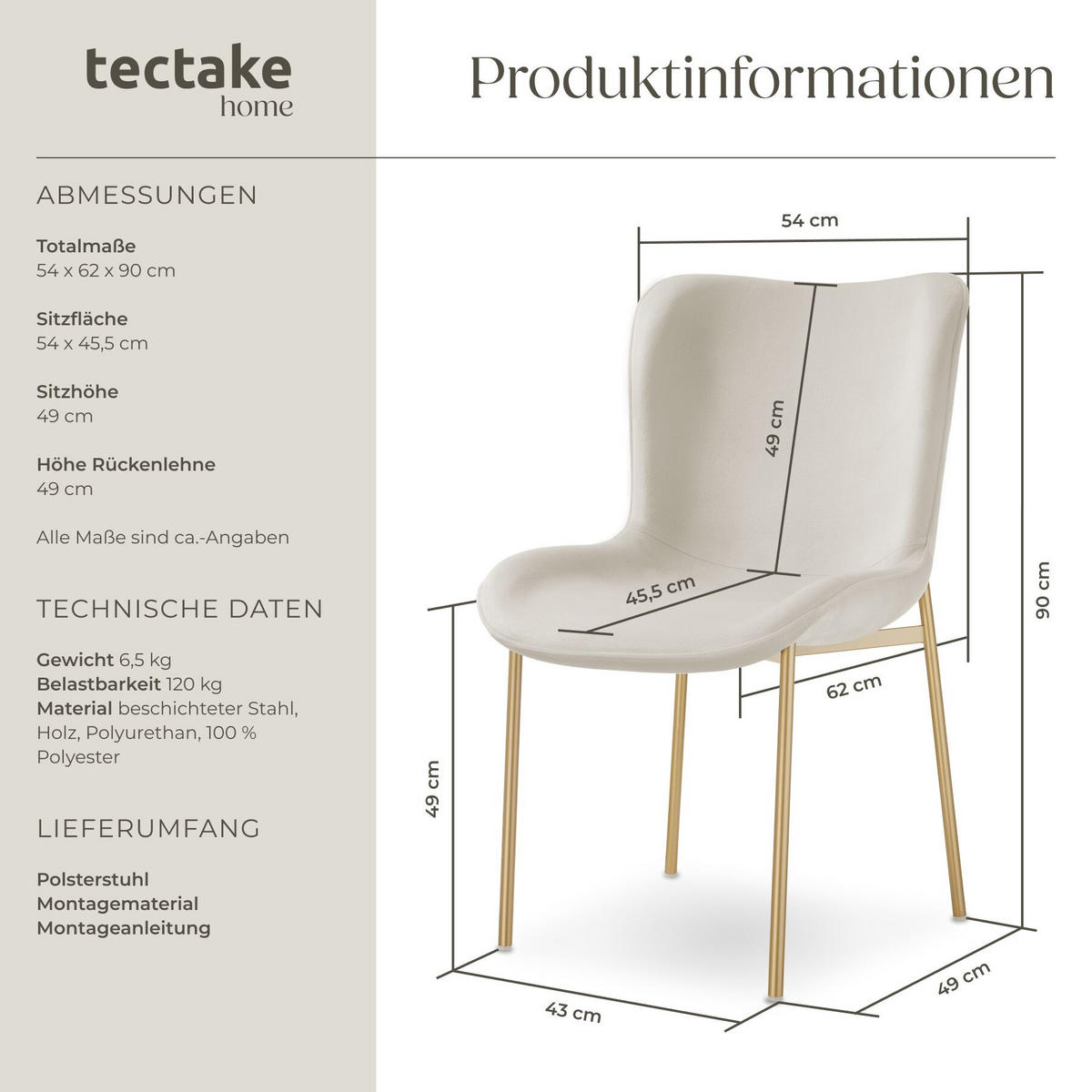 POLSTERSTUHL 1er Set Tessa 54 x 62 x 90 cm Samt beige/gold - Goldfarben/Samtahornfarben, Textil (54/90/62cm) - tectake