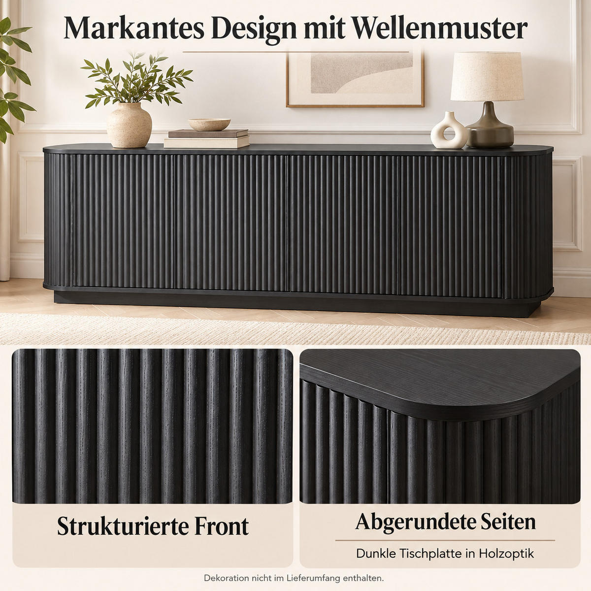 SIDEBOARD aus MDF 162x38x61 cm Schwarz mit 4 Türen und Wellenmuster - Schwarz, Metall (162/61/38cm) - IVMEU