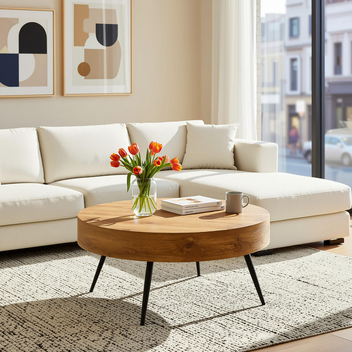 COUCHTISCH holzoptik rund metallbeine kompakt - Naturfarben, Holzwerkstoff (70/70/35.5cm) - Urban Meuble