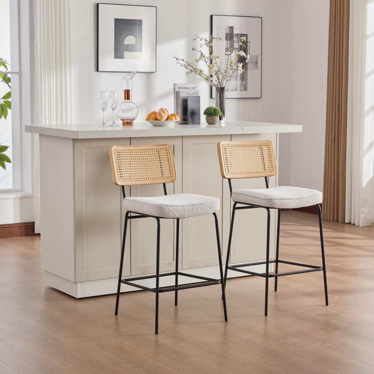 BARHOCKER DE-36881 2er-Set mit Chenille-Bezug und Rattan-Optik Elfenbein - Creme, Metall (59.8/96.5/46.2cm) - ComfortXL
