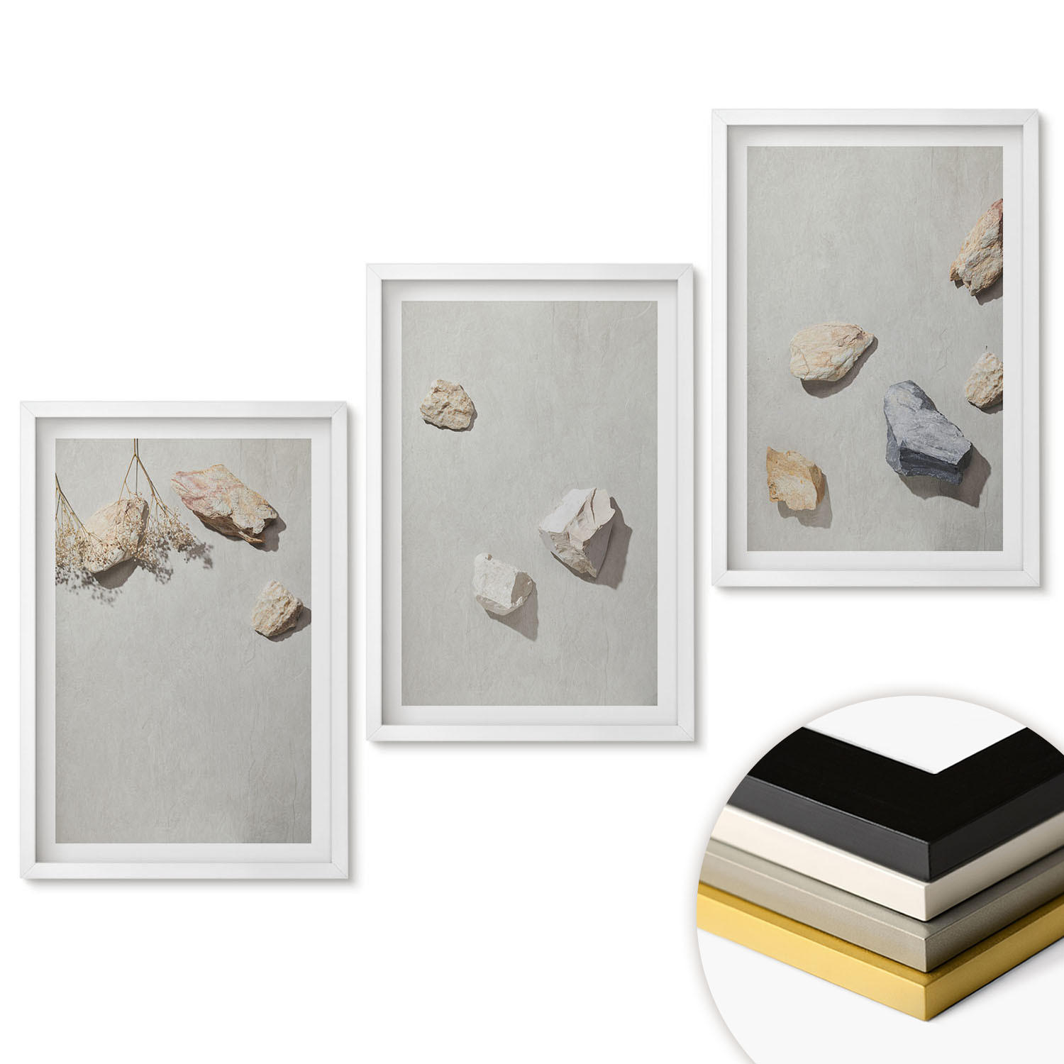 WANDBILDER 3er-Set - 40x60 cm Weißer Rahmen - Boho-Stranddekorationen aus Steinen - Weiß, Kunststoff (40/60cm) - ArtPrintCave