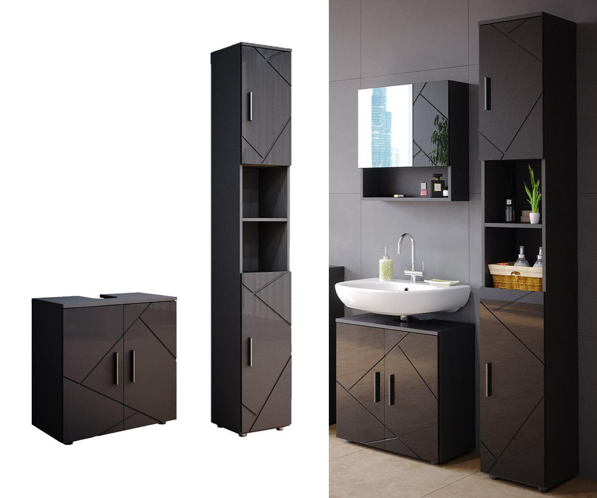 BADMÖBEL-SET Irma Anthrazit Hochglanz 2 Teile, mit Hochschrank - Schwarz Hochglanz, Holzwerkstoff (30/192/30cm) - Vicco