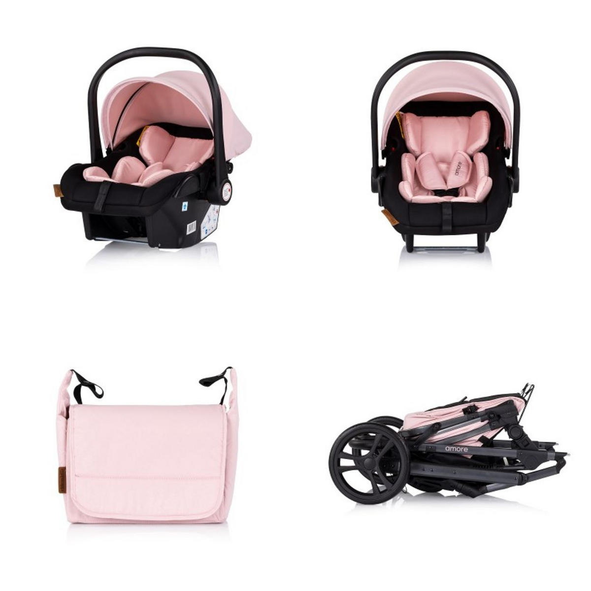 KOMBIKINDERWAGEN Amore 3 in 1 pink Babyschale Adapter Wickeltasche Fußabdeckung - Rosa, Metall (95/63/105cm) - Chipolino