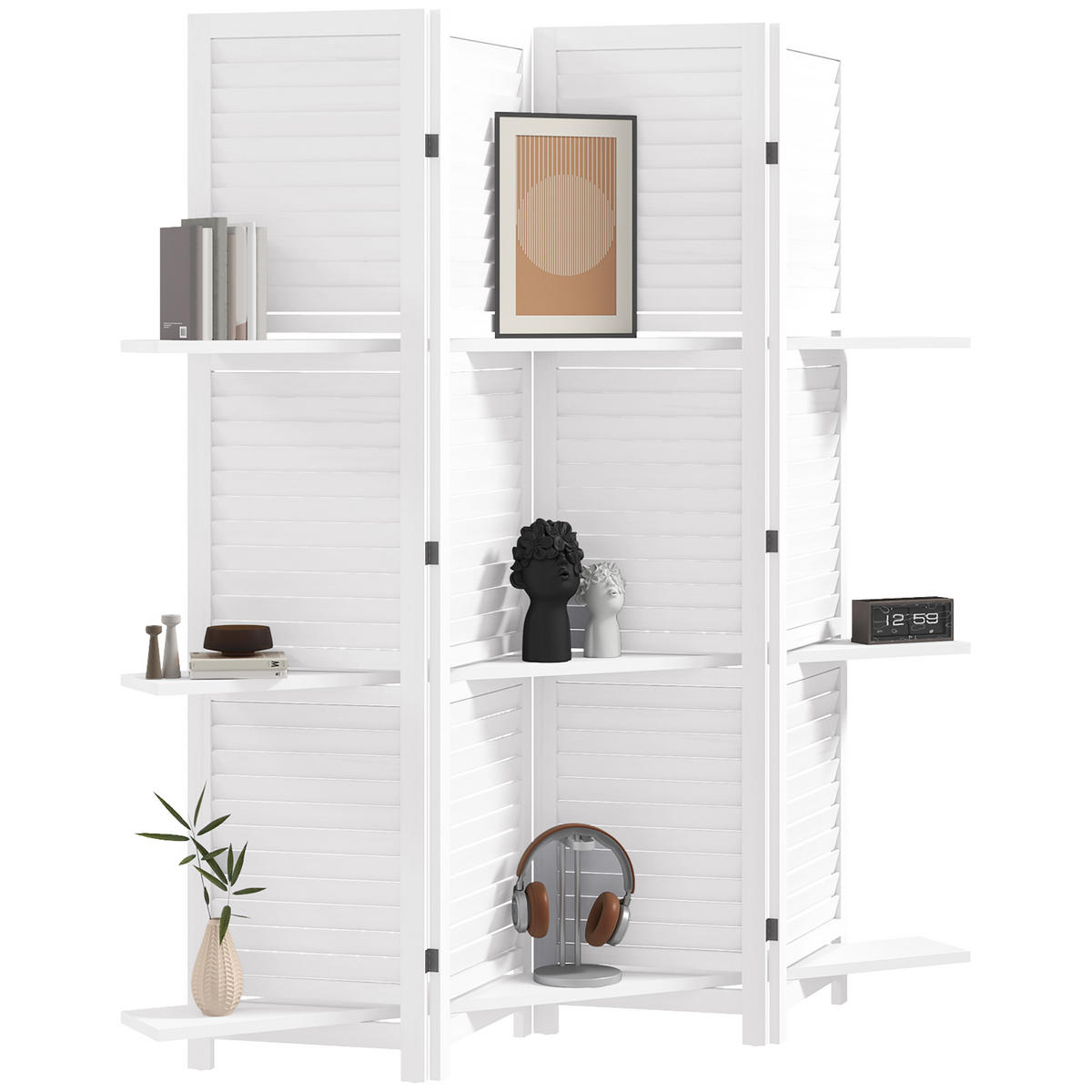 PARAVENT DE-14239 4 Paneele, klappbar, mit 3 Regalen Weiß - Weiß, Holz (160/170/1.9cm) - ComfortXL