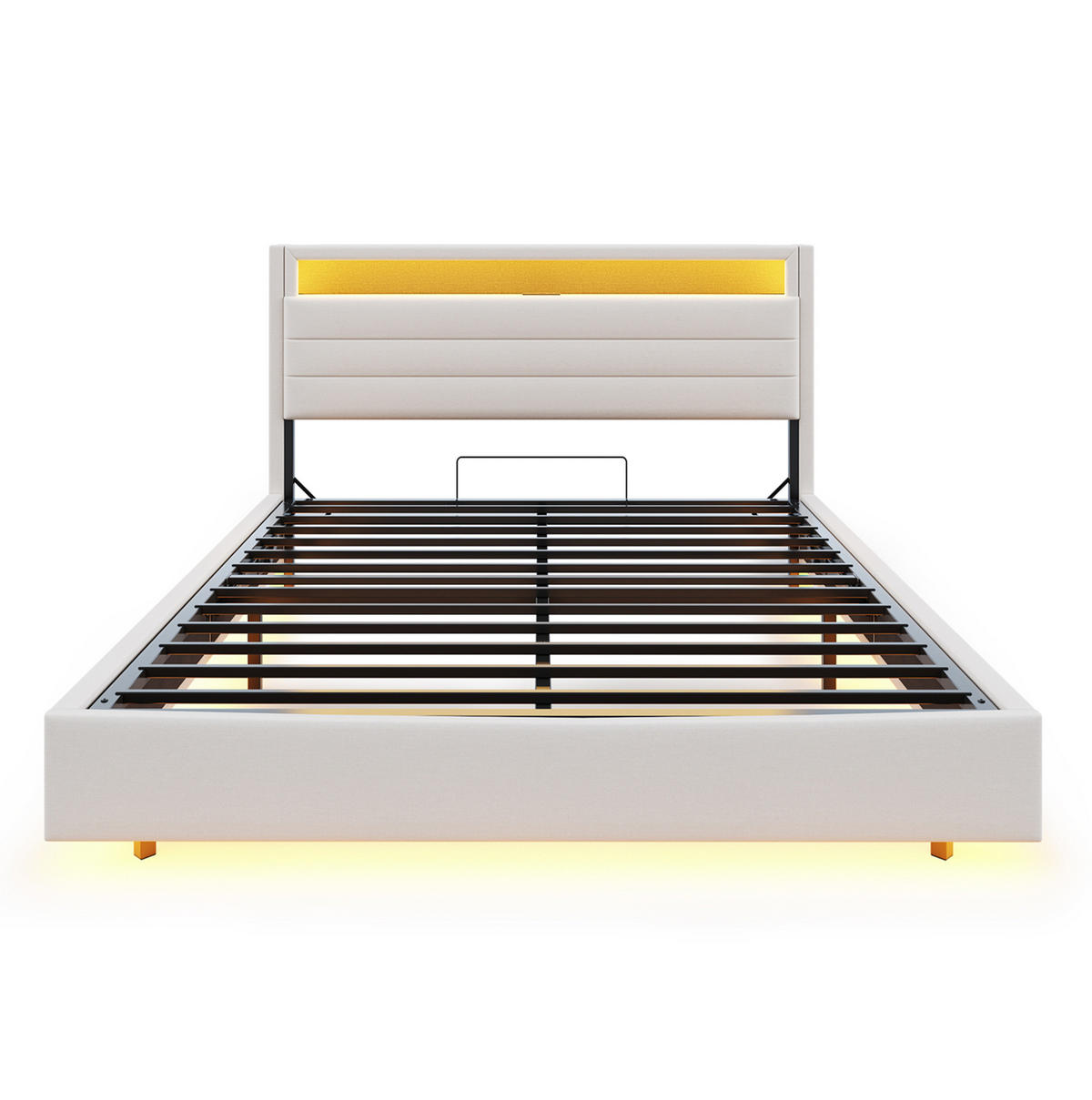 POLSTERBETT 160/200 cm Beige Hydraulisches Stauraumbett mit USB und LED-Beleuchtung - Beige, Textil (160/200cm) - OKWISH